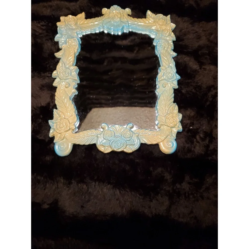 Vintage Cast Iron Vanity Mirror Ornate French Victorian Tabletop Turquoise/Beige